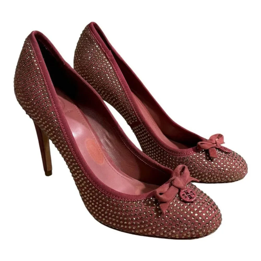 Tory Burch Phoenix Charm Pink Crystal Suede Pumps Size 8.5 Women's Party Heels